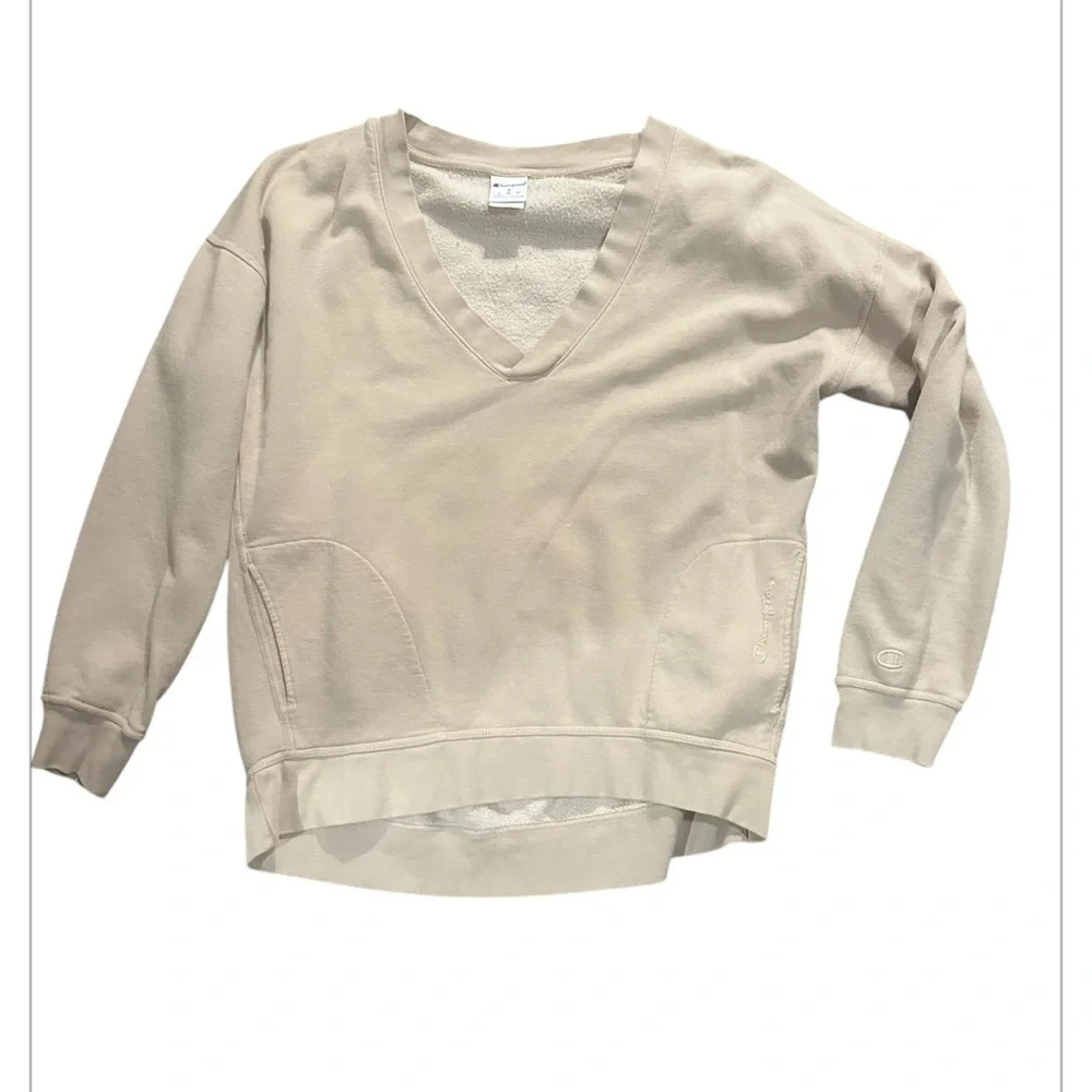 Champion Cream V-Neck Sweatshirt Relaxed Fit W/Pockets - Picture 5 of 7